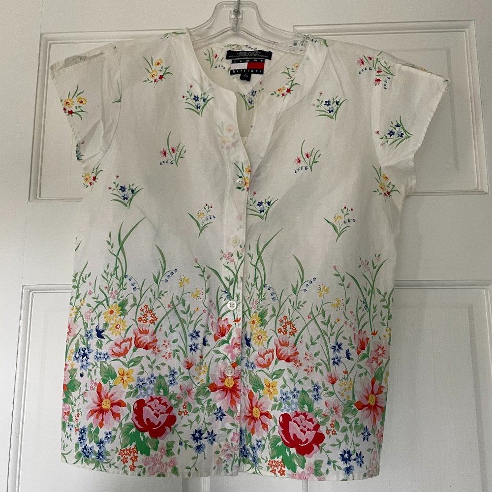 Tommy Hilfiger Vintage Cotton Button Front White Floral Top Girls Size Large